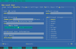 Moreover, using subvolumes as homes can also be
useful to implement per user quotas, ncurses version